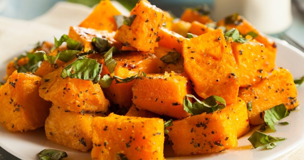 baked butternut squash cubes spices